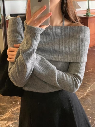 繞頸綁結反摺領薄款針織衣4