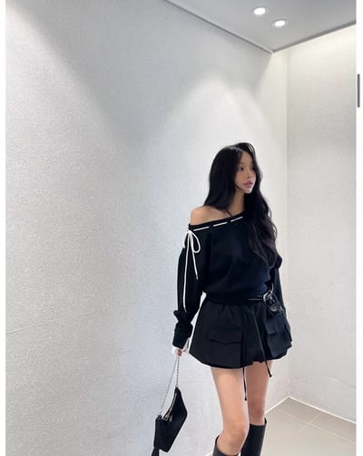 抽繩側綁結領拼接手袖大學Ｔ1