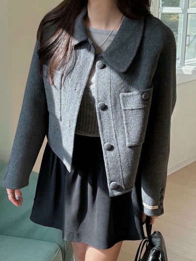 壓線雙口袋羊毛短版大衣外套3