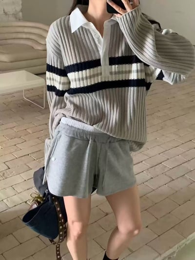 拼接襯衫領配色條紋粗勾針織衣6