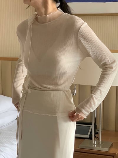 拼接歐根紗綁結領彈力壓紋Ｔ5