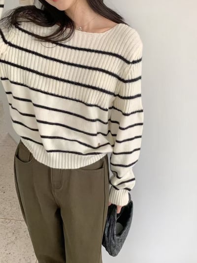 不修邊領拼接坑條橫紋針織衣4