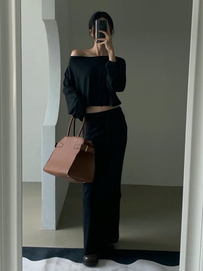 斜肩寬版短腰薄Ｔ+低腰抽繩長裙SET2