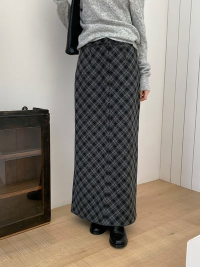 高腰隱藏釦菱格紋磨毛長裙5
