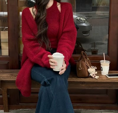 削尖針織背心＋開襟長版外套SET2