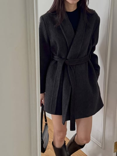 混羊中長款毛手工大衣（附綁帶）3