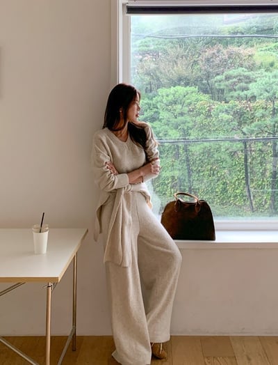 三件組｜Ｖ領針織衣＋披肩＋鬆緊寬褲SET7