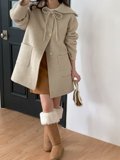前綁結娃娃圓領羊毛100%大衣7