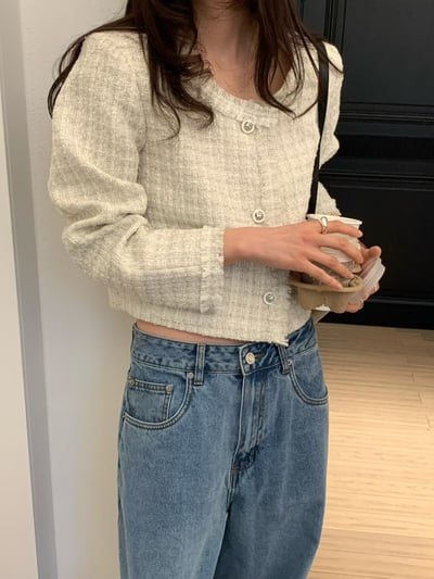 薄款花呢抽鬚短版珍珠釦小香外套3