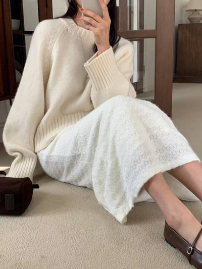 刺繡小花內刷毛魚尾鬆緊長裙4