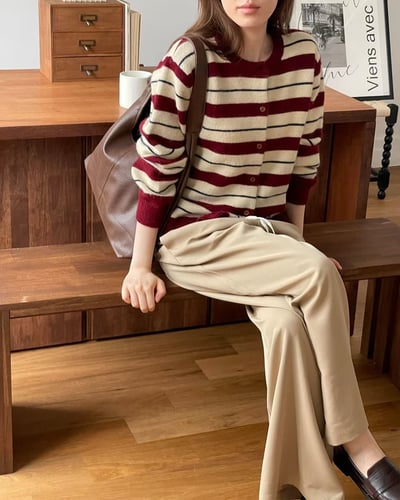奶油酒紅跳色條紋針織衫2