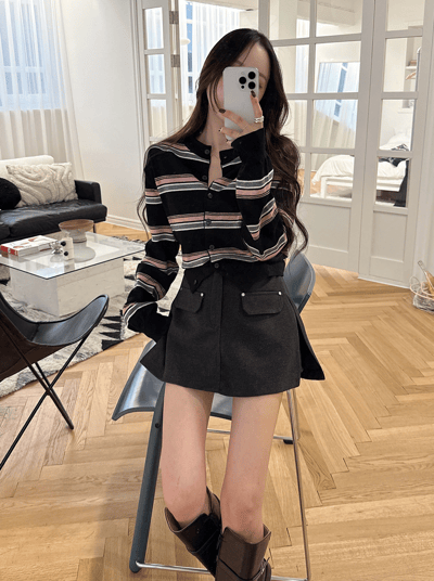 新款秋冬配色橫條紋針織外套5