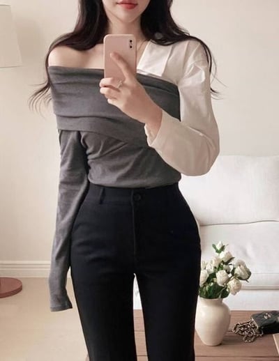 (客訂勿下單）不規則單斜肩拼接襯料上衣5