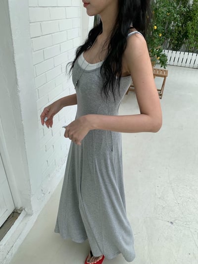 撞色假兩件挖背含罩杯棉質長洋5