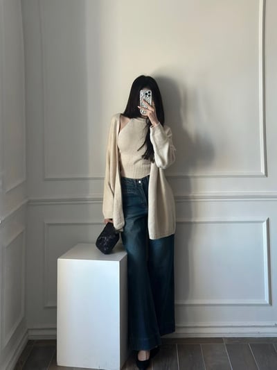 削尖針織背心＋開襟長版外套SET1