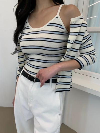 雙配色條紋背心＋排釦薄針織小外套SET1