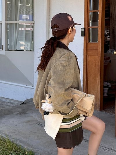 皮革領拼接絨面拉鍊夾克外7