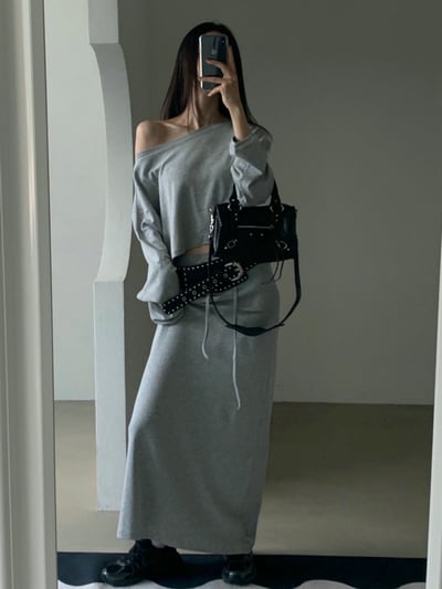 斜肩寬版短腰薄Ｔ+低腰抽繩長裙SET12