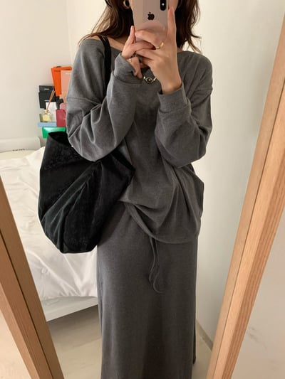 內磨毛可斜肩Ｔ+鬆緊落地磨毛長裙SET(可拆買）3