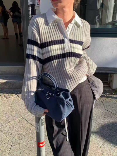 拼接襯衫領配色條紋粗勾針織衣5