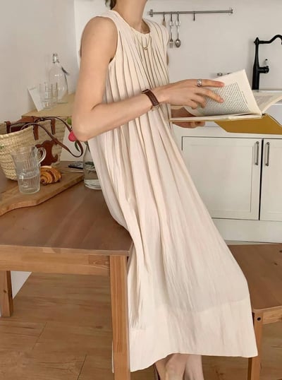 圓領棉麻百摺背心長洋1