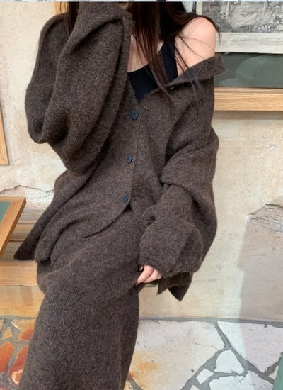 兩面穿排釦針織外套＋鬆緊長裙SET4