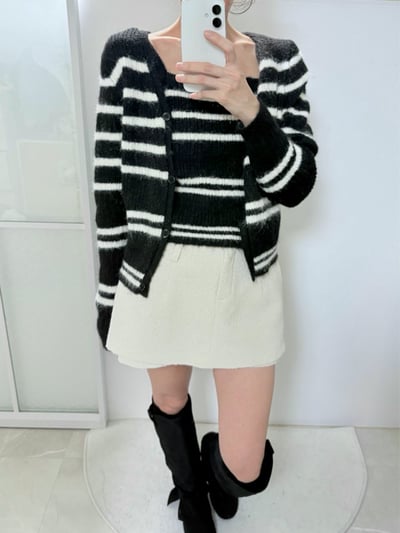 毛款條紋背心＋排釦外套SET6