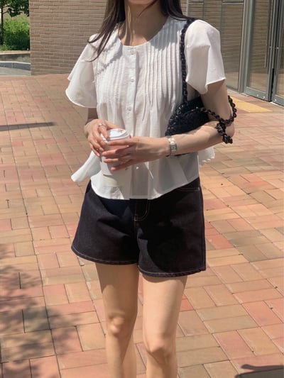 圓領打褶造型壓紋傘擺棉麻衫15