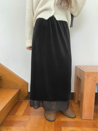 鬆緊絨面拼接雪紡長裙6