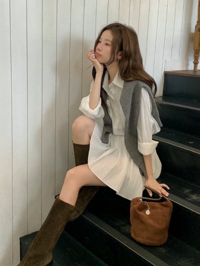 拼接百摺襯衫短洋 (附皮帶)5