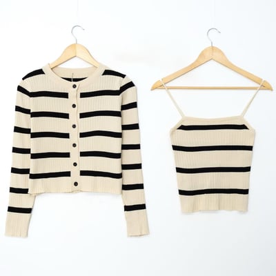 薄款橫條針織背心＋排釦坑紋外套SET8