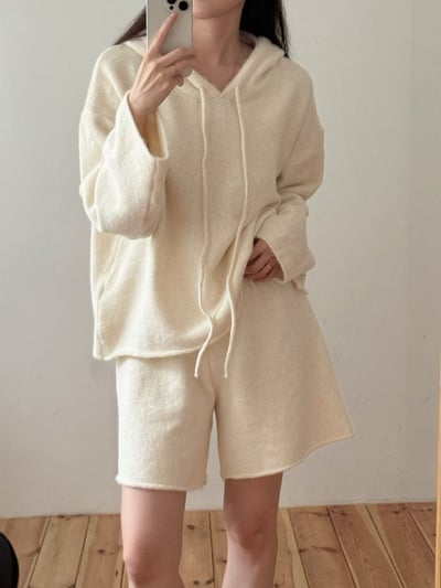 抽繩連帽針織衫＋鬆緊三分針織褲SET2