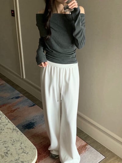 休閒刷薄毛抽繩落地寬褲7