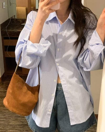 落肩百搭直紋襯衫2