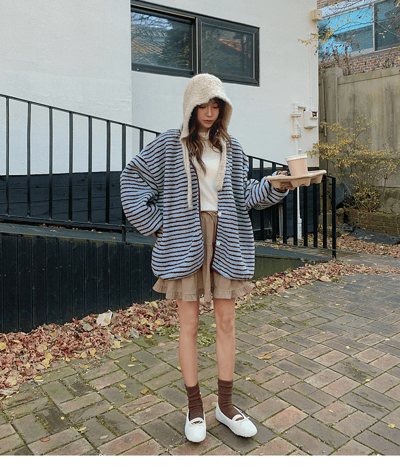 落肩配色橫條紋磨毛開襟外套2