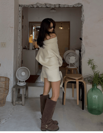 反摺平領羊毛針織衣＋鬆緊短褲SET7