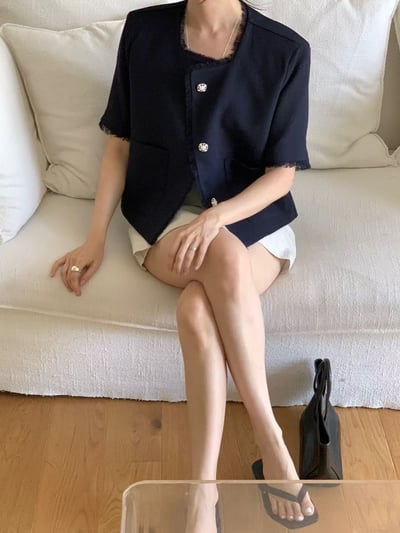 抽鬚滾邊雪花釦夏款織紋外套3