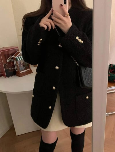 泰迪熊羔毛雙口袋金釦長版外套2