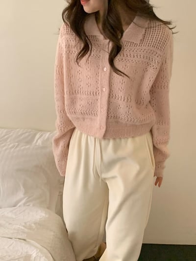 花邊翻領鏤空排釦針織衫3