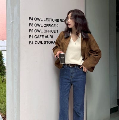 皮革領拼接絨面拉鍊夾克外5