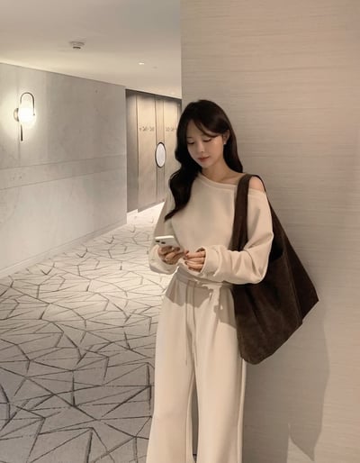 斜肩下擺縮腰大學Ｔ＋打褶腰間抽繩棉褲SET(可拆買）4