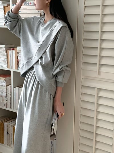 交叉下擺大學Ｔ＋鬆緊棉寬褲SET5