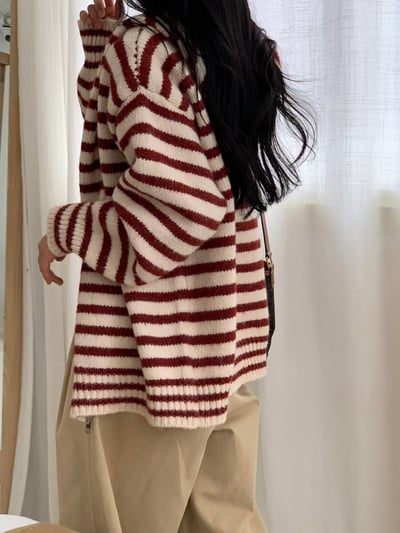 落肩橫條紋連帽長版羊毛外套6