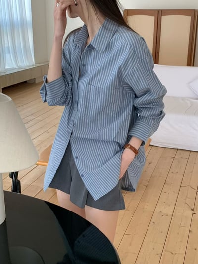 落肩直紋寬鬆襯衫1