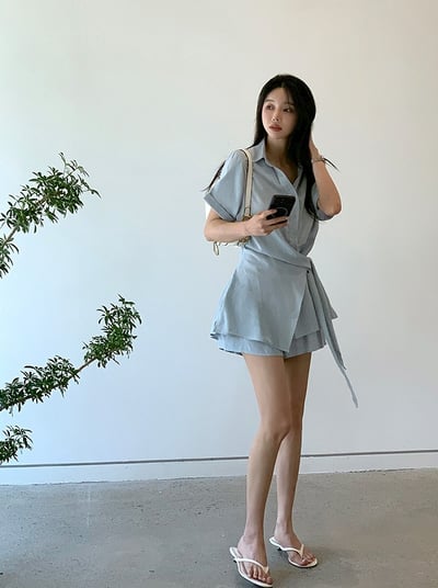 側綁帶短袖混棉麻襯衫＋鬆緊短褲SET15