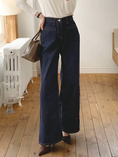 一字口袋車線壓紋直筒牛仔褲7