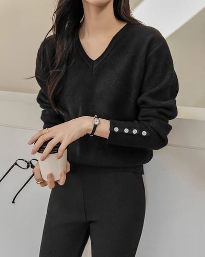 V領縮口排釦手袖素色羊毛針織衣（5%）2