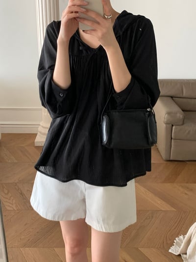 抓皺綁結連帽棉麻衫6