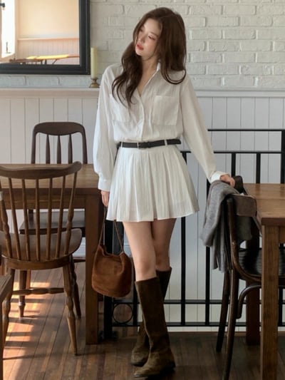 拼接百摺襯衫短洋 (附皮帶)2