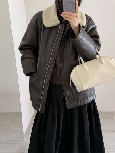 毛毛翻領混鴨絨皮革長版外套3